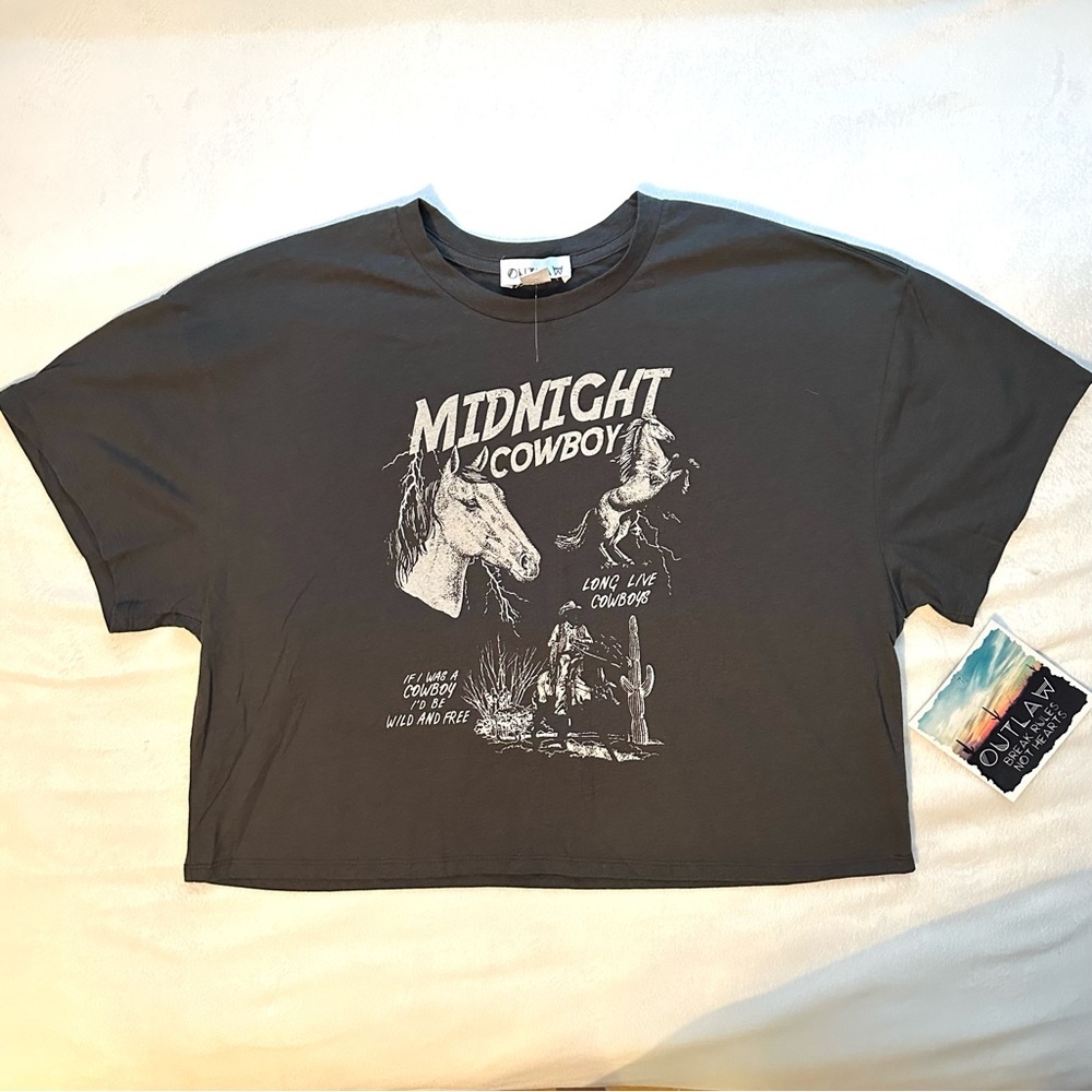 Outlaw Midnight Cowboy Dark Gray Cropped Graphic T Shirt Women’s XL NWT